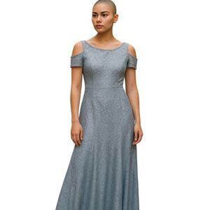 NW Nightway Womens Size 8 Cutout Shoulder Long Gown Gray Silver Lace Formal Maxi